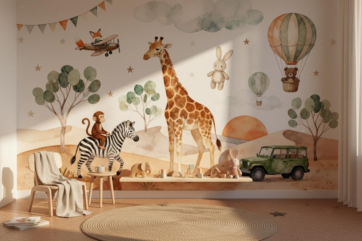 Baby Nursery Peel And Stick Wallpaper - Cartoon-Tier-Wandbild für Kinderzimmer, Aquarell-Safari-Weltraum-Heißluftballon-Tapete, Babyzimmer, Heimdekoration,