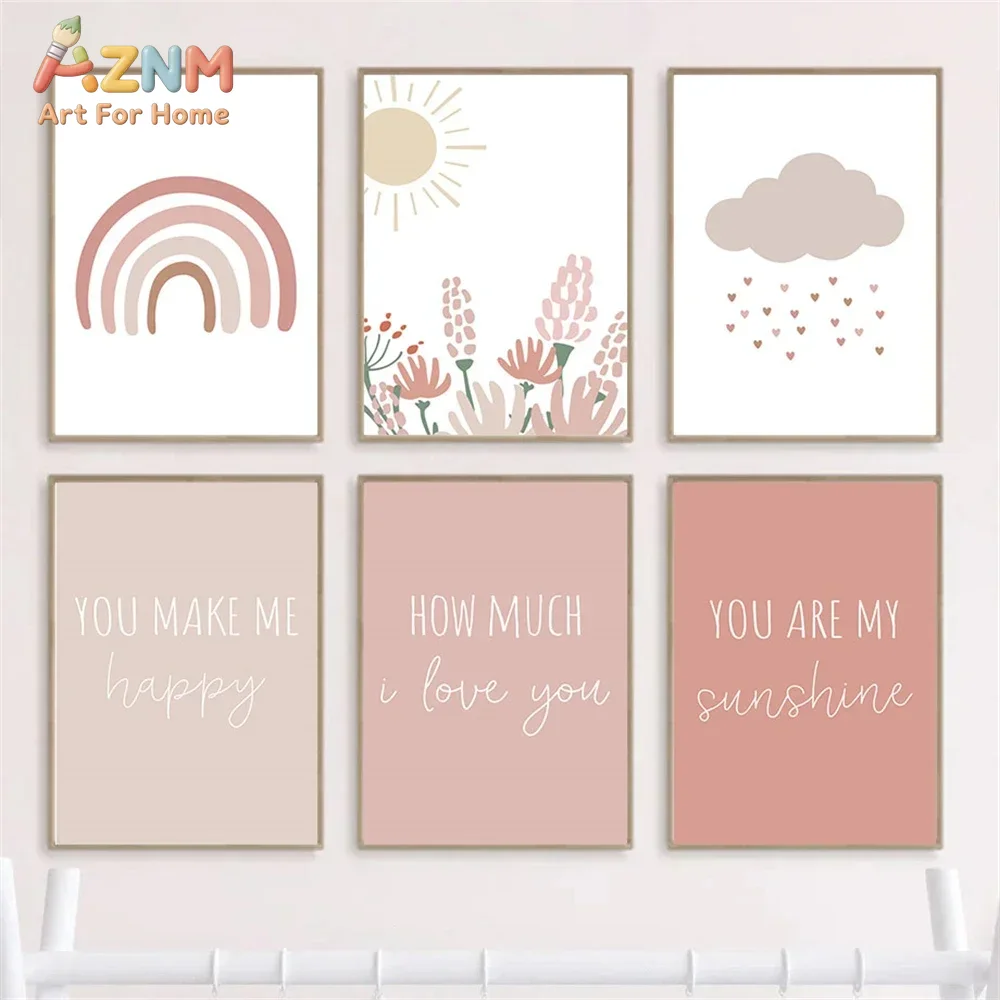 Baby Girl Nursery Quotes - AZNM Boho, rosa Regenbogen-Sonnenblumen-Wolken-Leinwandbild, süßes Zitat,